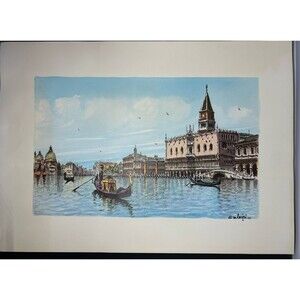 Carlos Salvini Watercolor Paint Print Venice Canal Italy Signed
